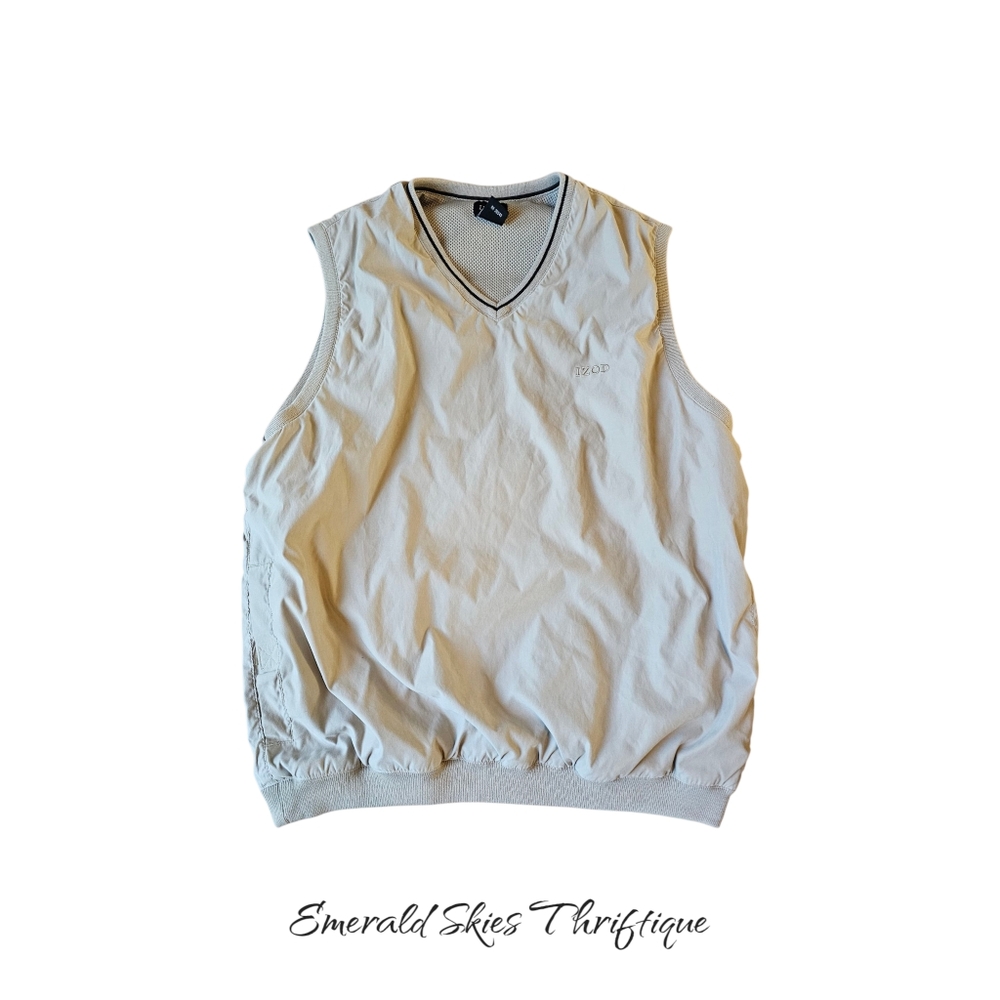 IZOD Men’s Tan V-Neck Mesh Lined Windbreaker Outdoor Activewear Golf Vest